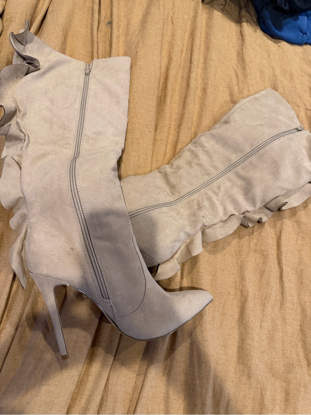 Women's Gray Suede Knee-High Stiletto Boots with Ruffle Detail